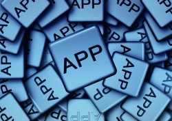 Durcheinandergewürfelte blaue Kacheln mit der Aufschrift "App".