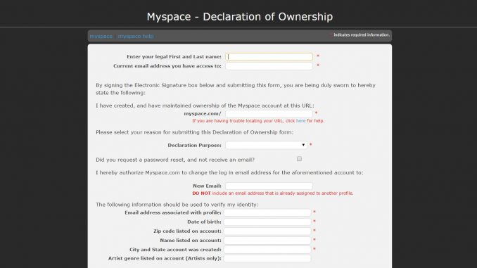 Screenshot MySpace Declaration of Ownership